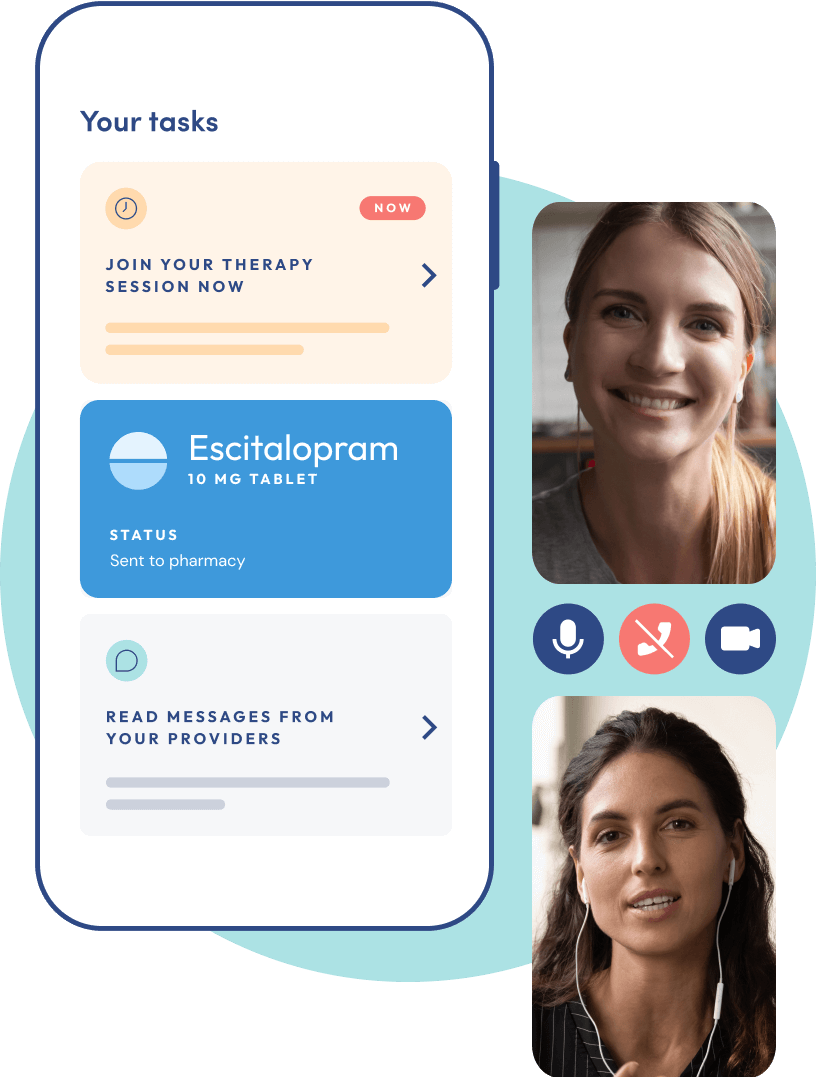 The Brightside Health app showing tasks and prescription, alongside a provider video call