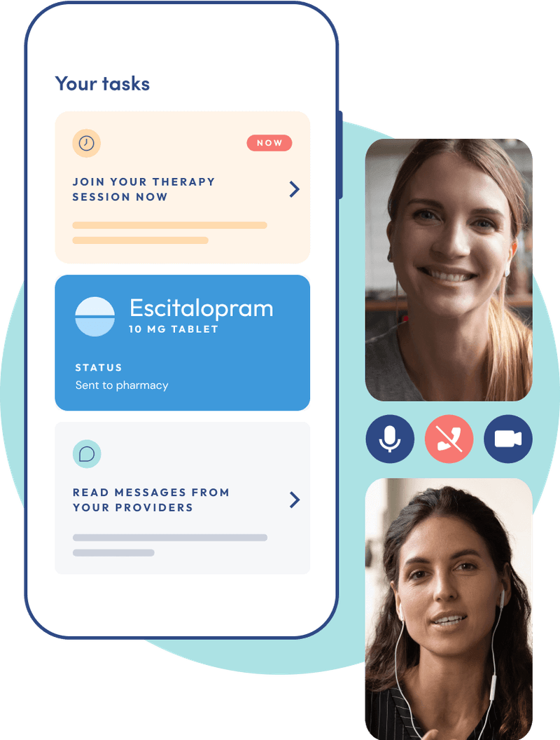 The Brightside Health app showing tasks and prescription, alongside a provider video call